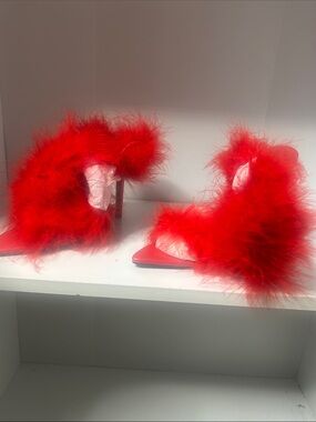 Red Feather Trim Open-Toe High Heel Sandals